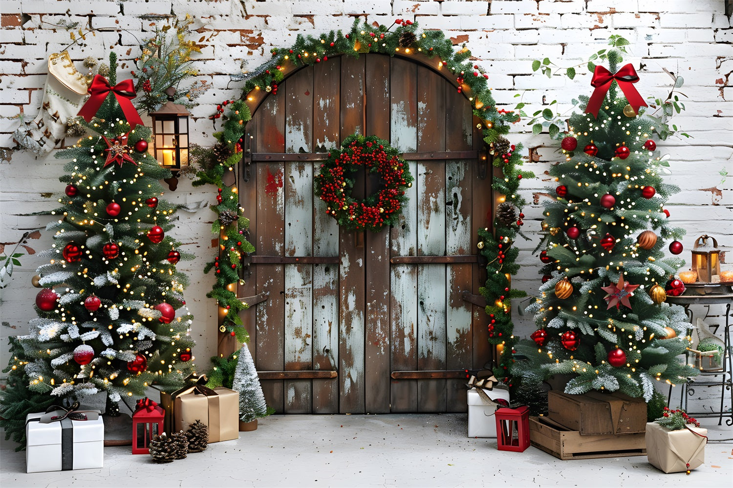 Toile de fond de Noël Porte Rustique avec Arbres Festifs RR7-687