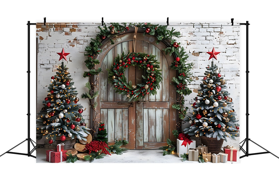 Toile de fond de Noël Arched Door avec Arbres Festifs RR7-688