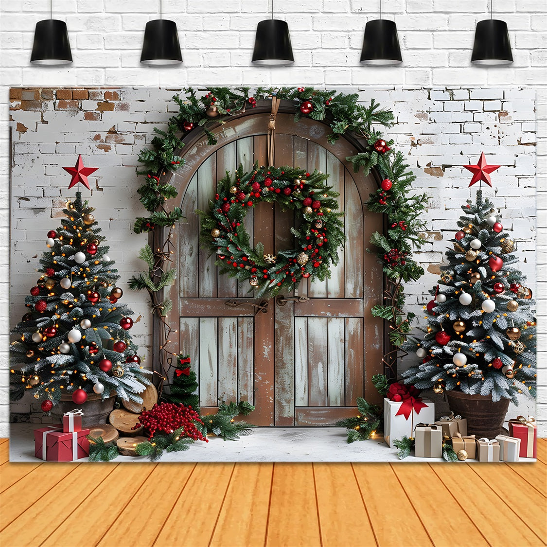 Toile de fond de Noël Arched Door avec Arbres Festifs RR7-688