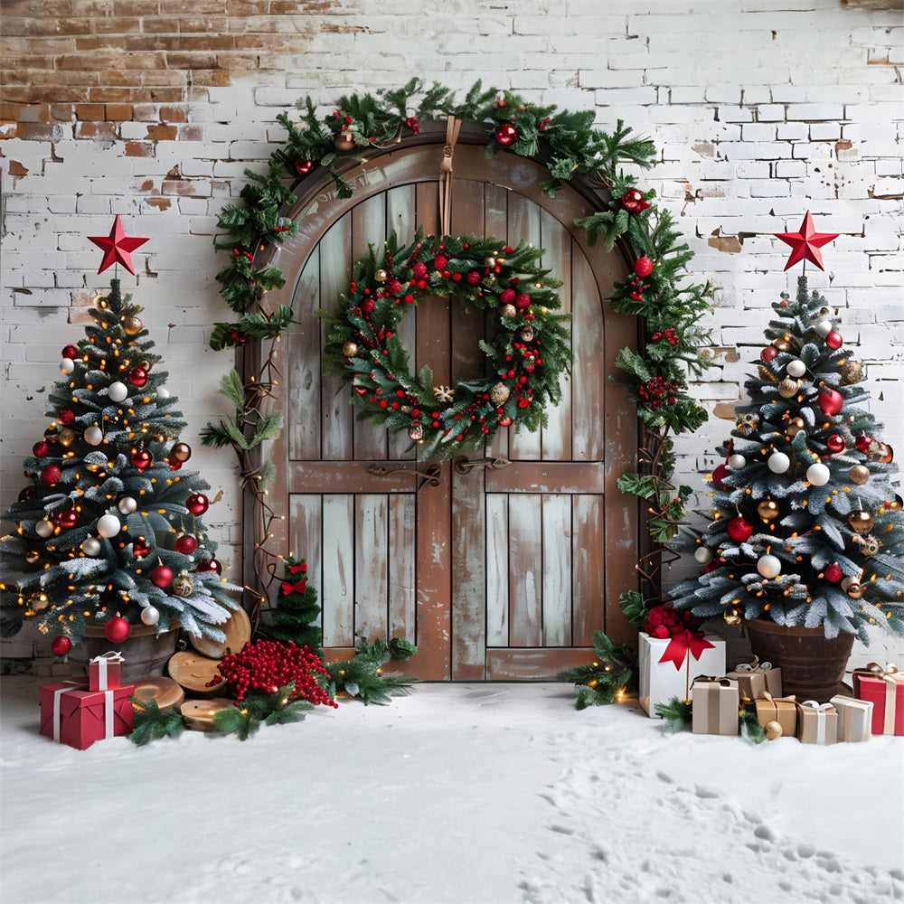 Toile de fond de Noël Arched Door avec Arbres Festifs RR7-688