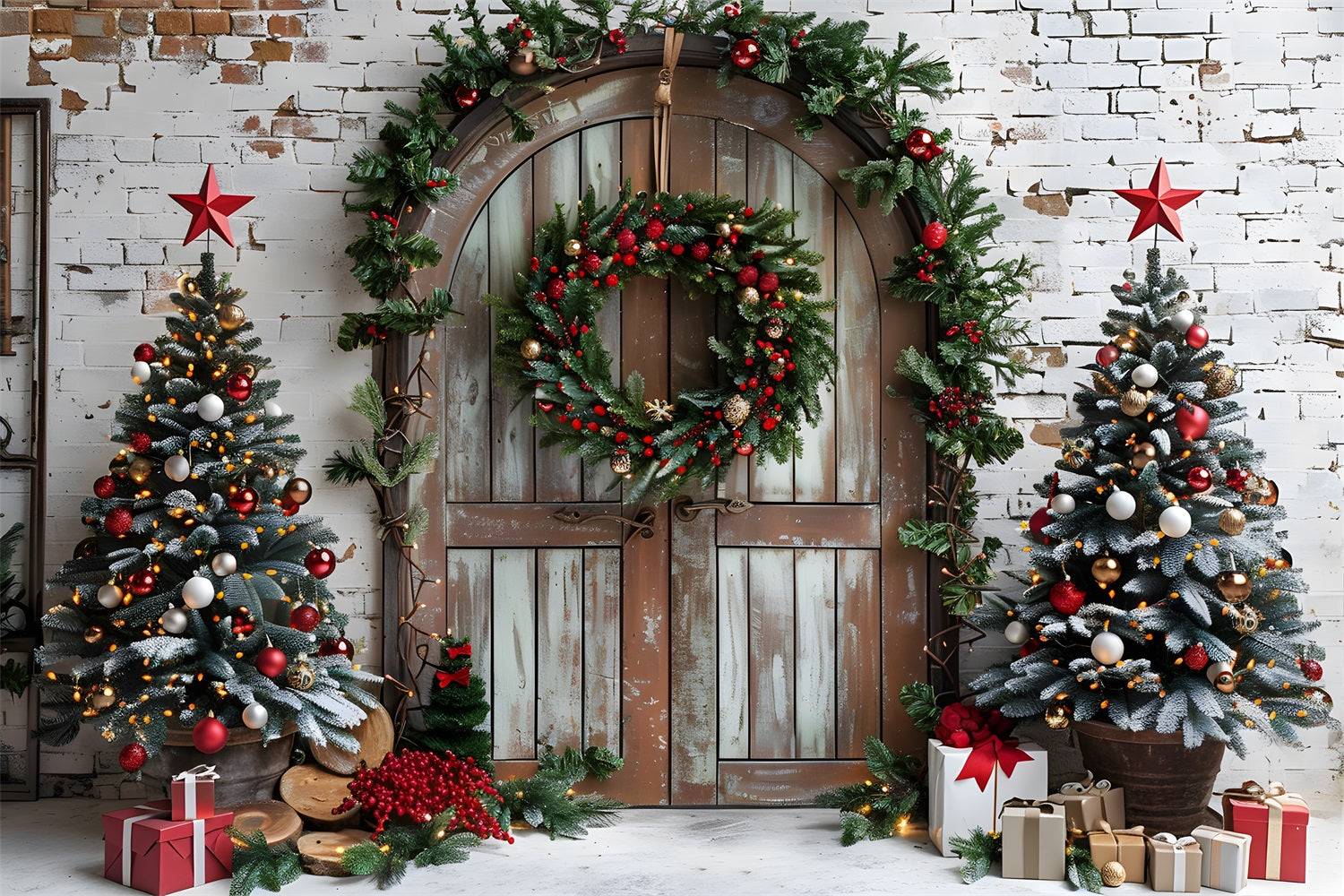 Toile de fond de Noël Arched Door avec Arbres Festifs RR7-688