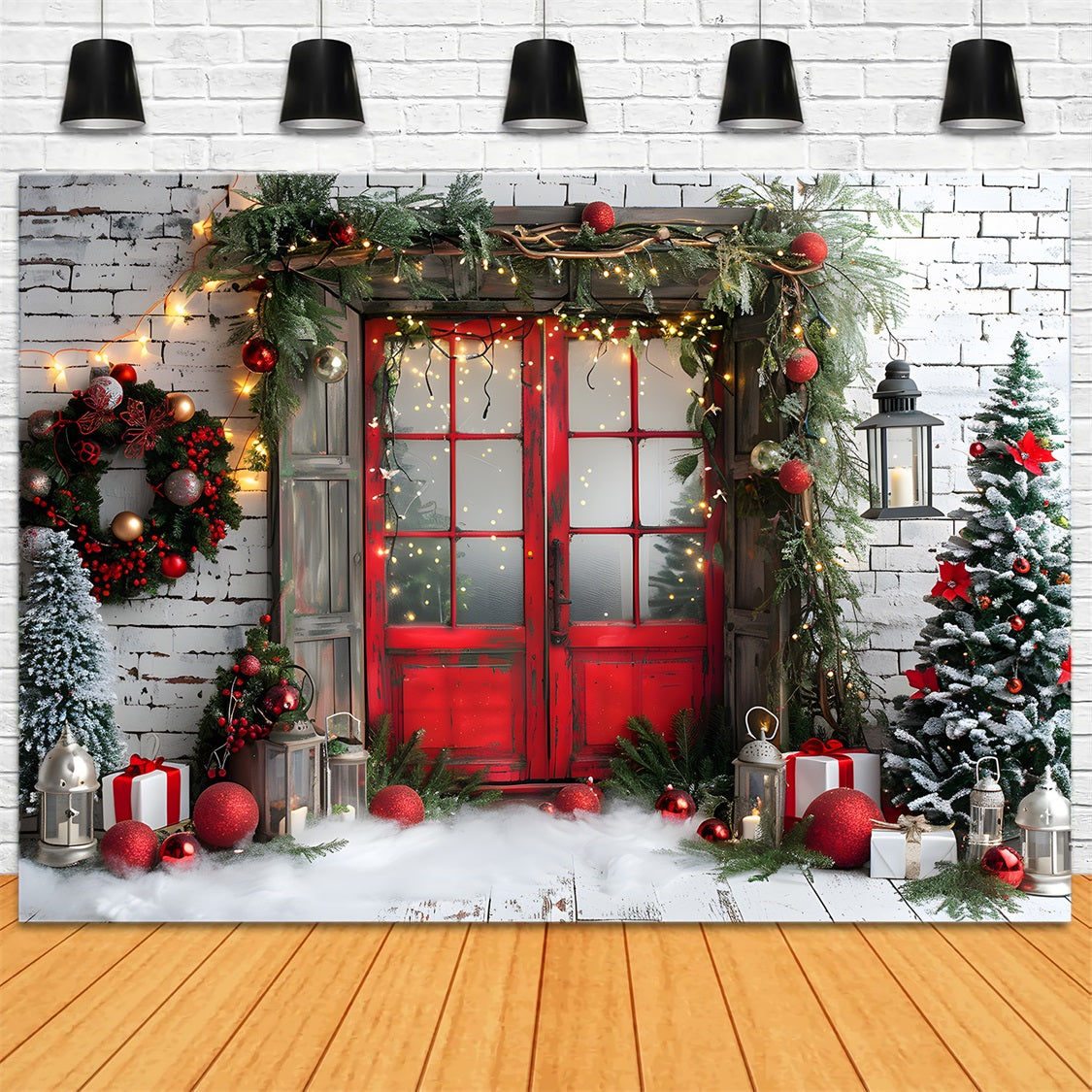 Toile de fond de Noël Porte Rouge Rustique RR7-691