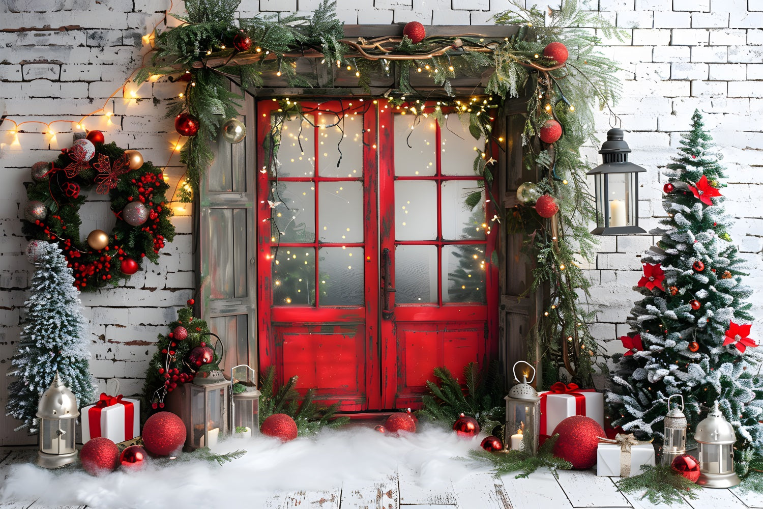 Toile de fond de Noël Porte Rouge Rustique RR7-691