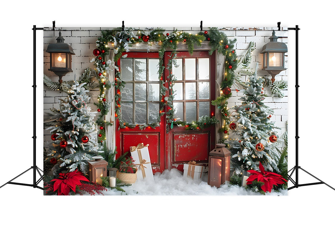 Toile de fond de Noël Porte Rouge Enneigée avec Guirlande RR7-692