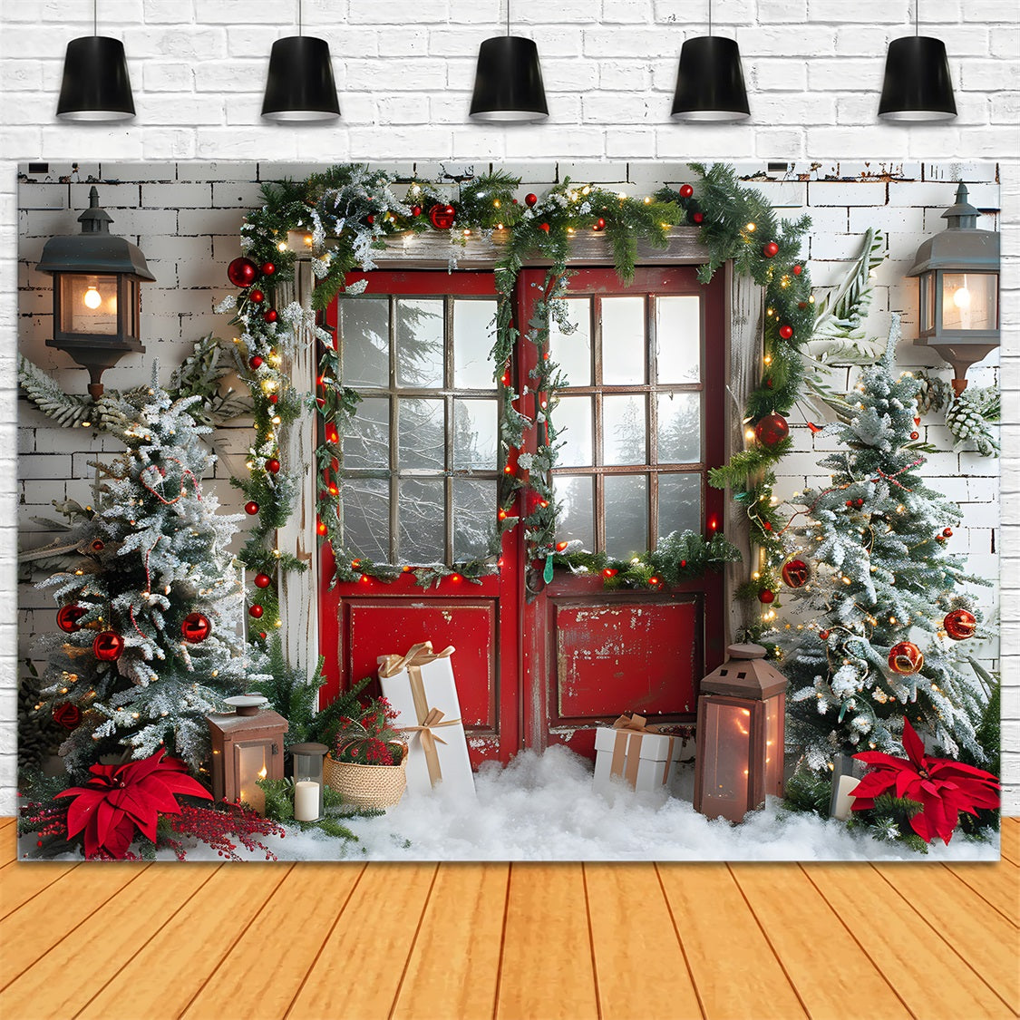 Toile de fond de Noël Porte Rouge Enneigée avec Guirlande RR7-692