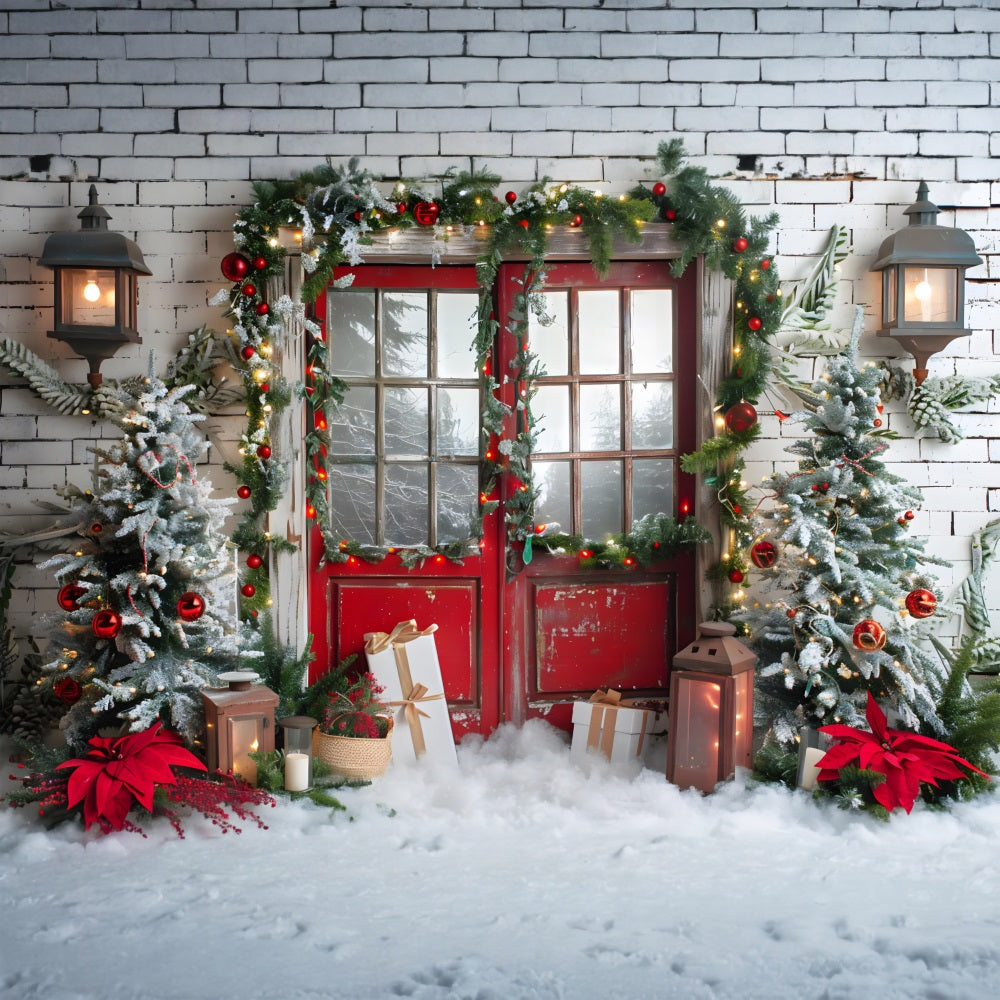 Toile de fond de Noël Porte Rouge Enneigée avec Guirlande RR7-692