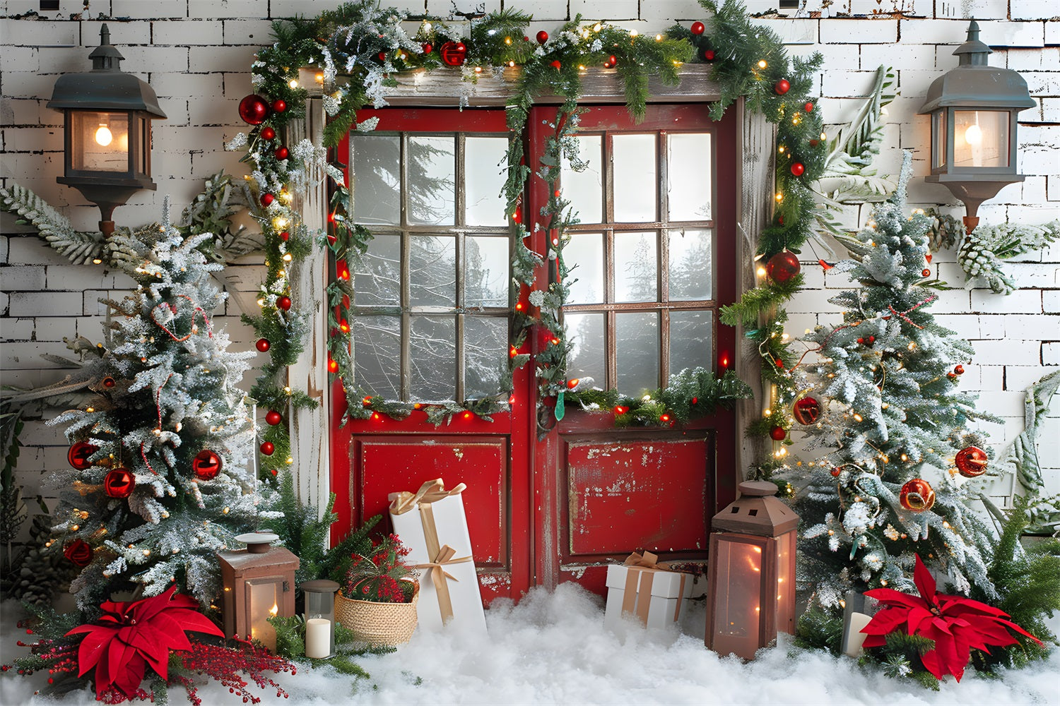 Toile de fond de Noël Porte Rouge Enneigée avec Guirlande RR7-692