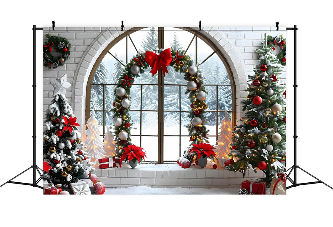 Toile de fond de Noël Fenêtre en Arche avec Vue sur la Forêt Enneigée RR7-693
