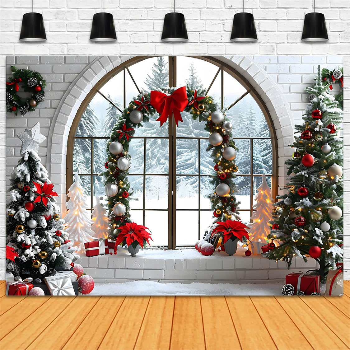 Toile de fond de Noël Fenêtre en Arche avec Vue sur la Forêt Enneigée RR7-693