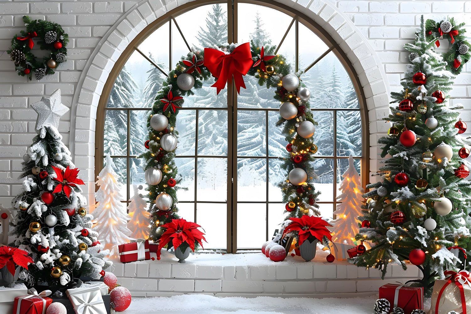 Toile de fond de Noël Fenêtre en Arche avec Vue sur la Forêt Enneigée RR7-693