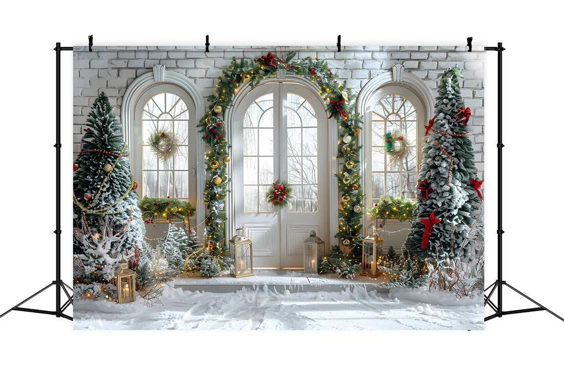 Toile de fond de Noël Porte Enneigée avec Décorations RR7-694