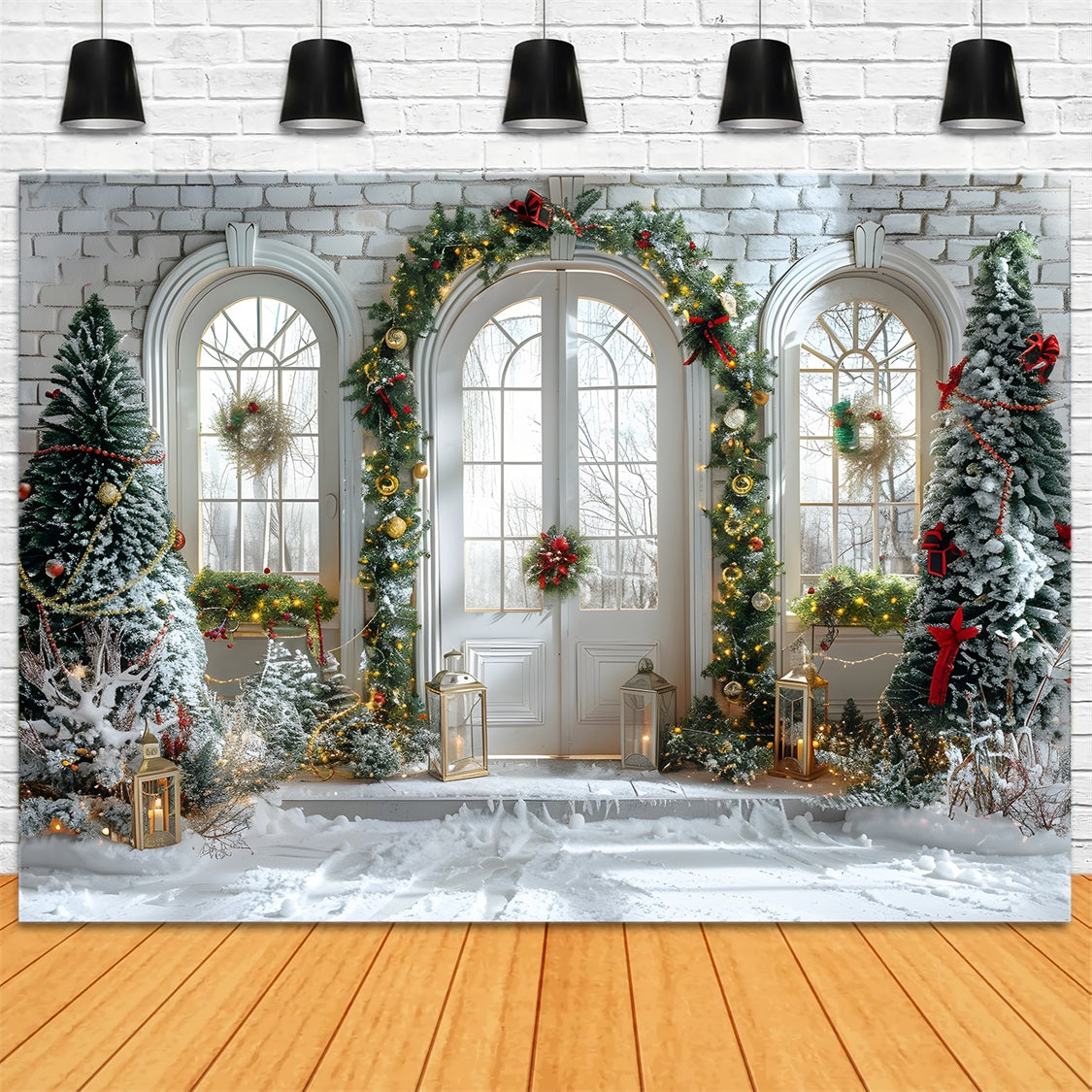 Toile de fond de Noël Porte Enneigée avec Décorations RR7-694