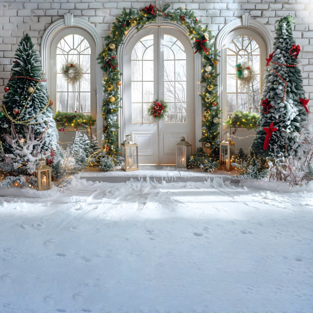 Toile de fond de Noël Porte Enneigée avec Décorations RR7-694