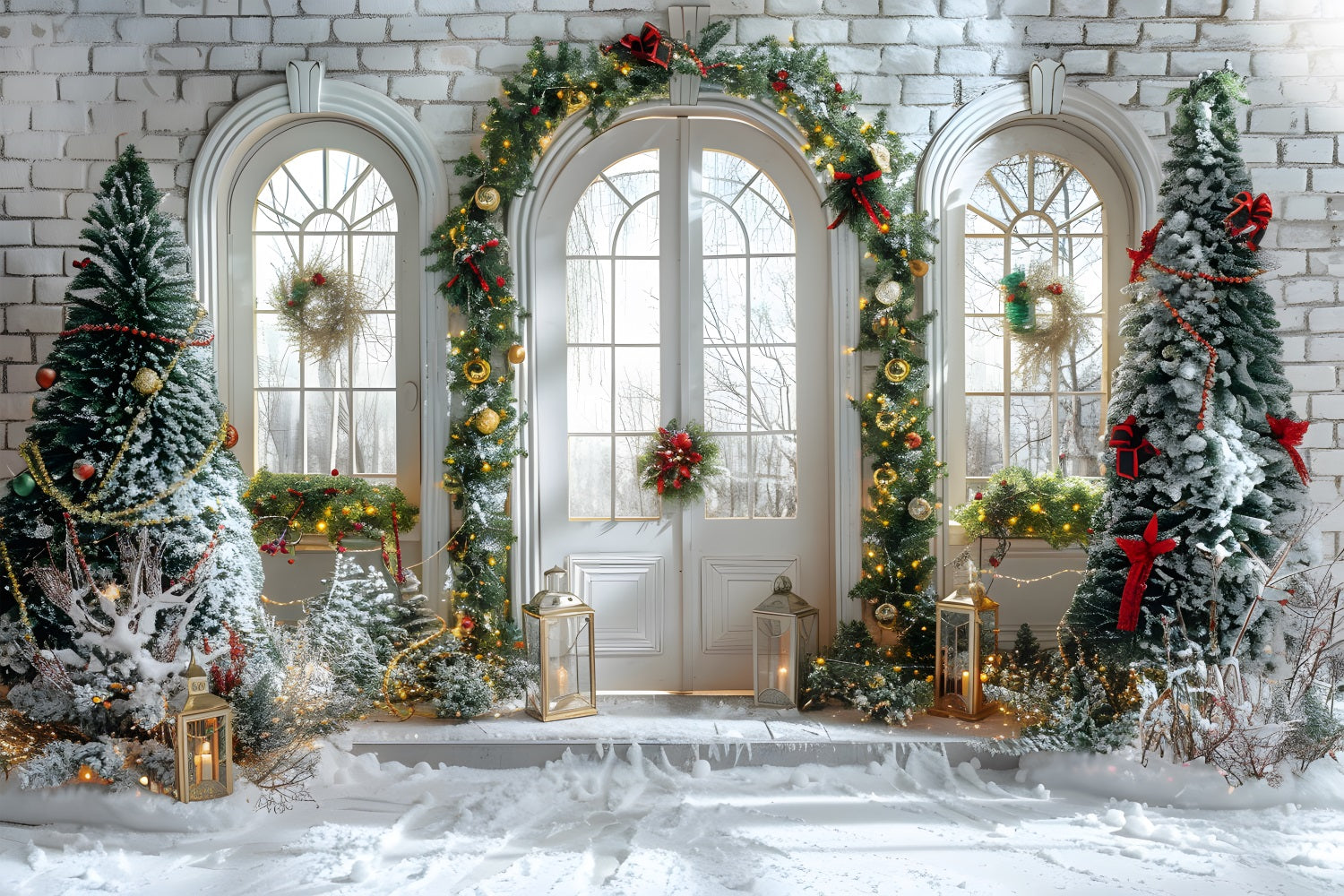 Toile de fond de Noël Porte Enneigée avec Décorations RR7-694