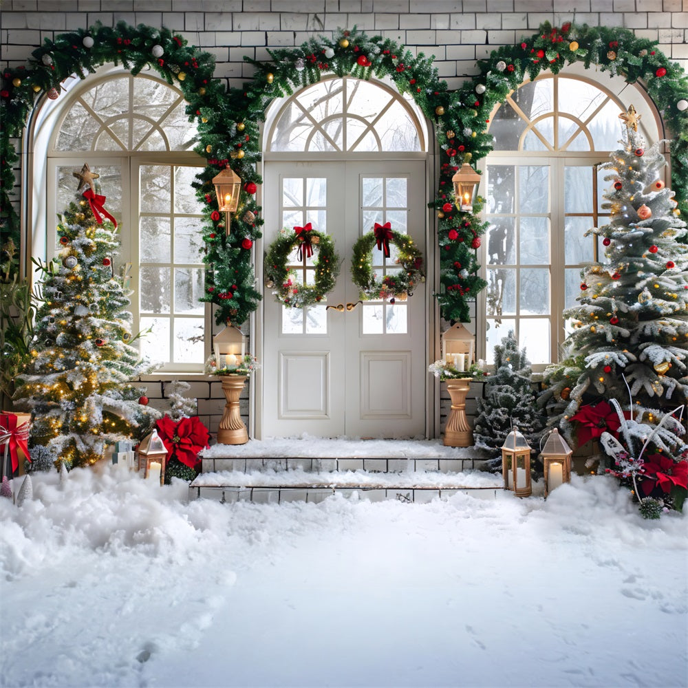 Toile de fond de Noël Entrée Élégante en Arche avec Couronnes et Arbres RR7-695