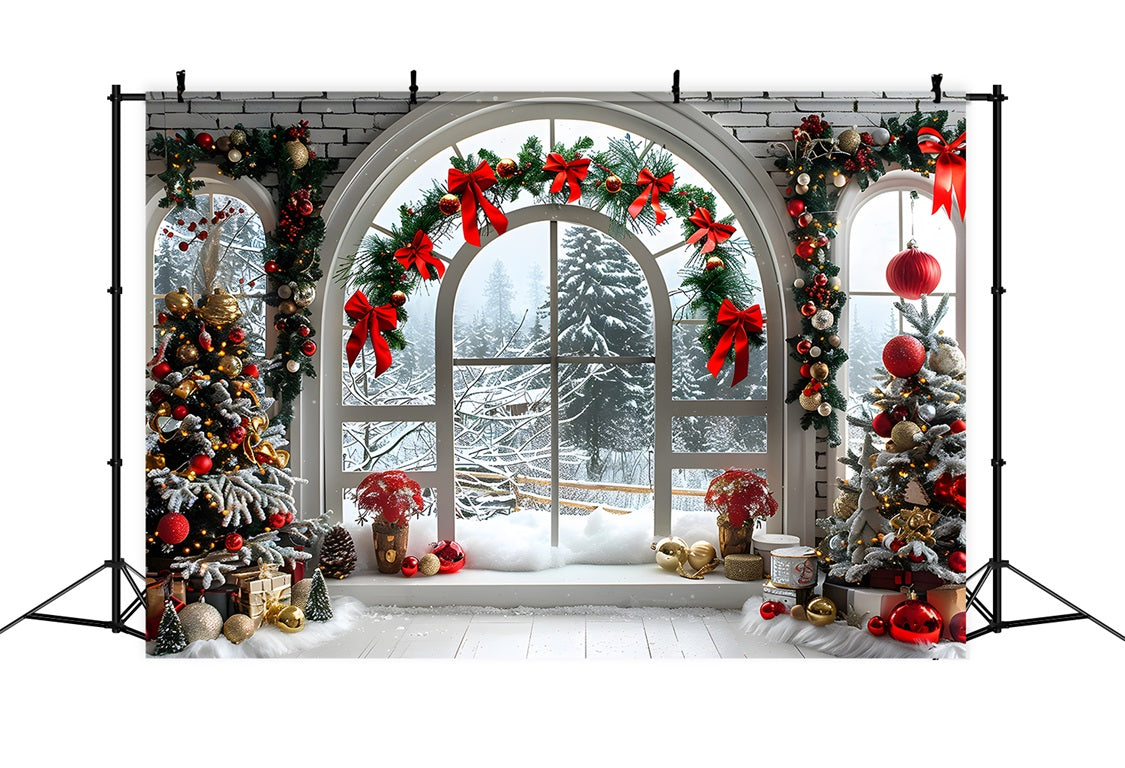 Toile de fond de Noël Fenêtre en Arche avec Paysage Enneigé RR7-696