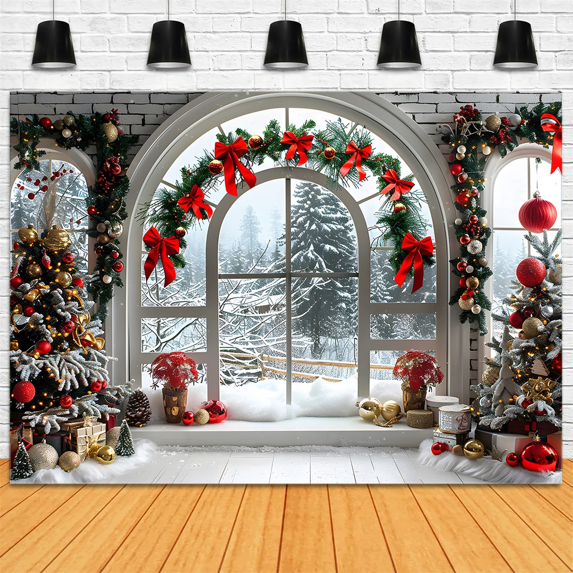 Toile de fond de Noël Fenêtre en Arche avec Paysage Enneigé RR7-696