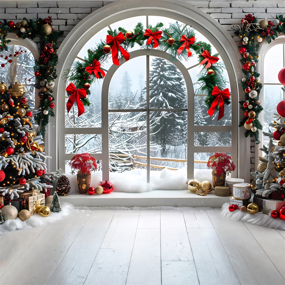 Toile de fond de Noël Fenêtre en Arche avec Paysage Enneigé RR7-696