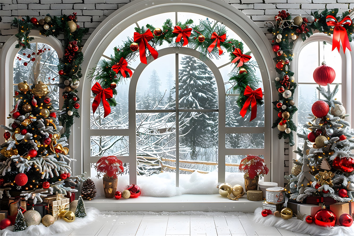 Toile de fond de Noël Fenêtre en Arche avec Paysage Enneigé RR7-696