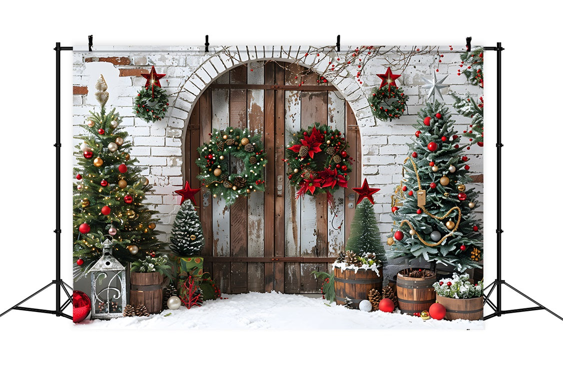 Toile de fond de Noël Porte en Bois Rustique avec Couronnes RR7-697