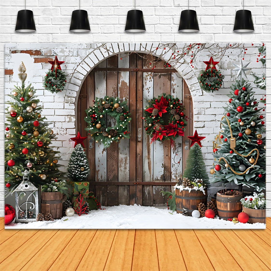 Toile de fond de Noël Porte en Bois Rustique avec Couronnes RR7-697