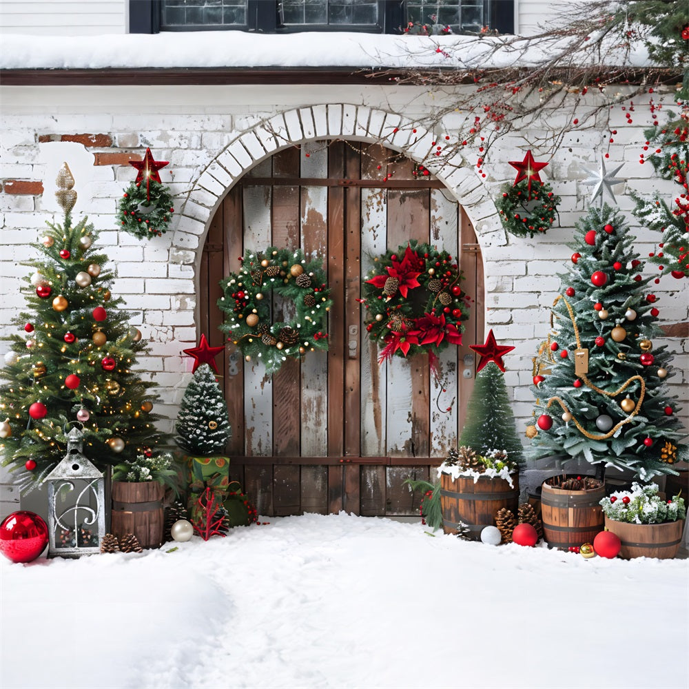 Toile de fond de Noël Porte en Bois Rustique avec Couronnes RR7-697