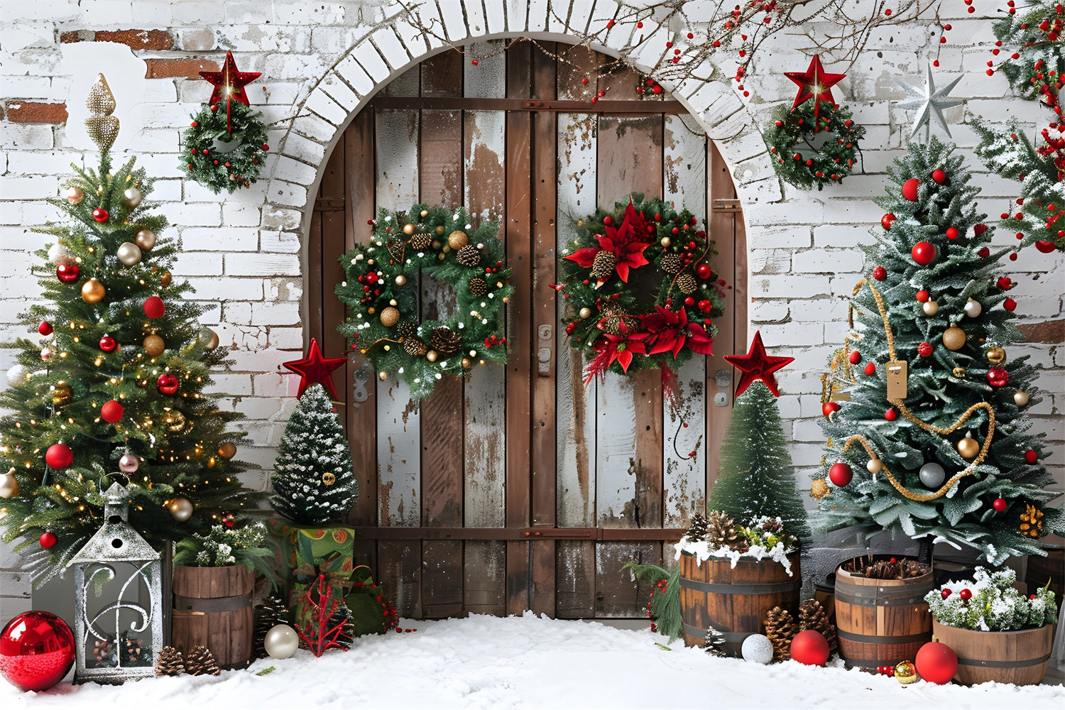 Toile de fond de Noël Porte en Bois Rustique avec Couronnes RR7-697