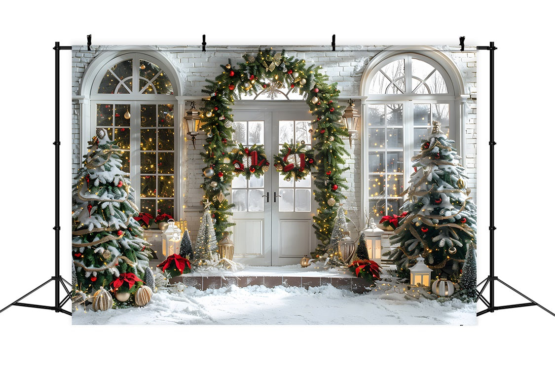 Toile de fond de Noël Entrée Élégante en Arche avec Couronnes RR7-698
