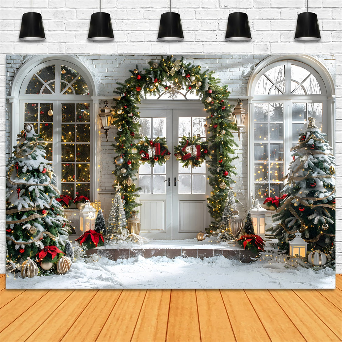 Toile de fond de Noël Entrée Élégante en Arche avec Couronnes RR7-698