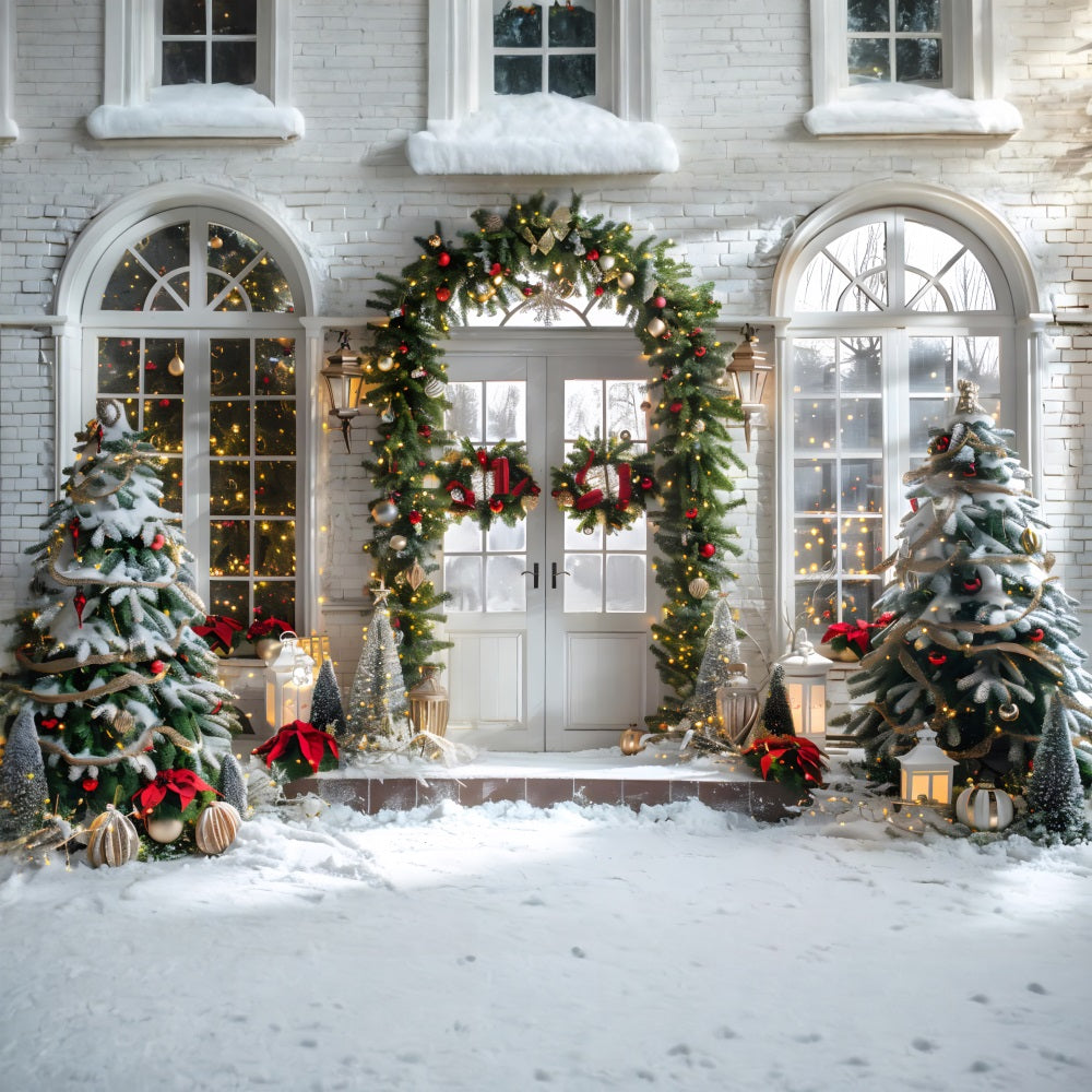 Toile de fond de Noël Entrée Élégante en Arche avec Couronnes RR7-698