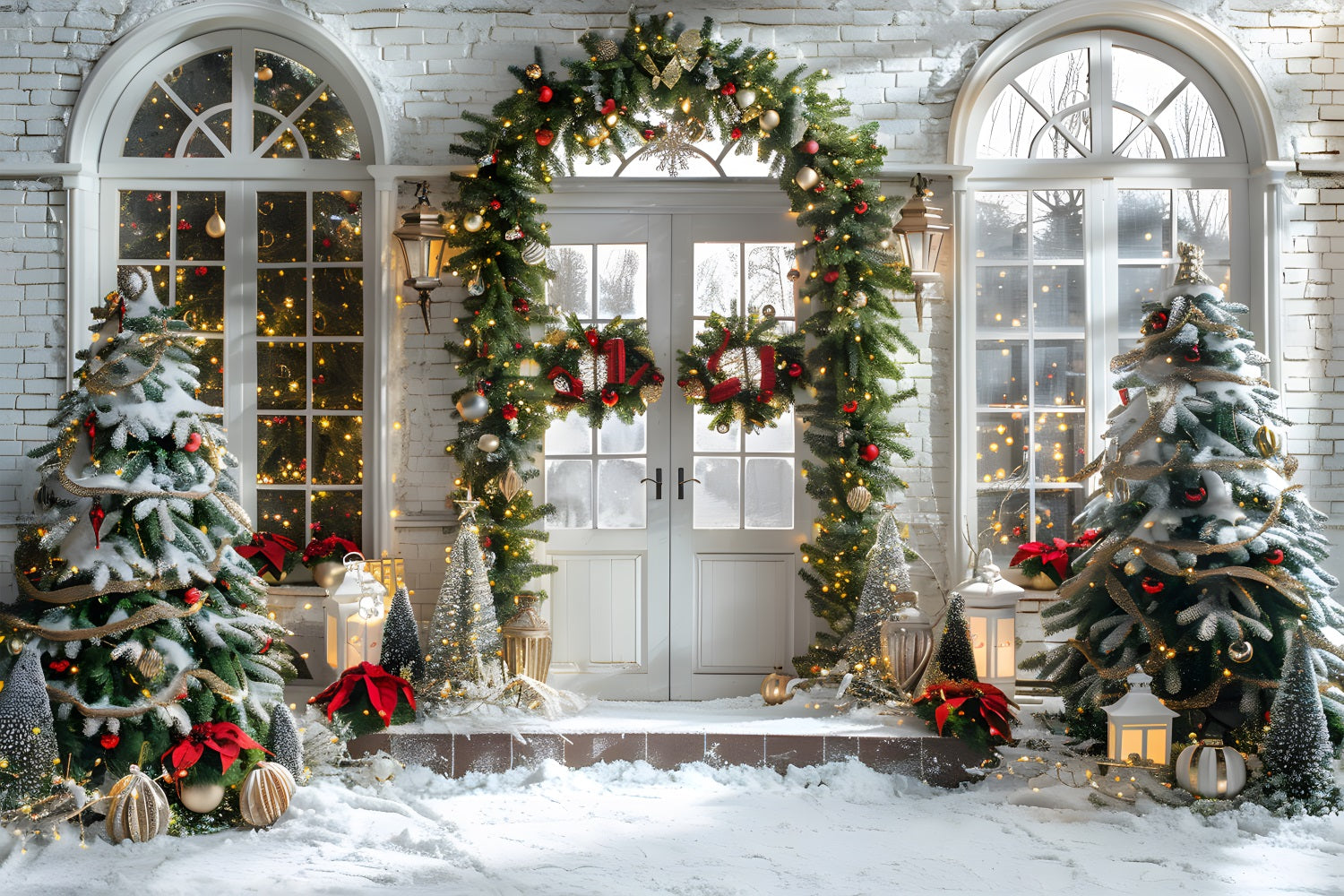 Toile de fond de Noël Entrée Élégante en Arche avec Couronnes RR7-698