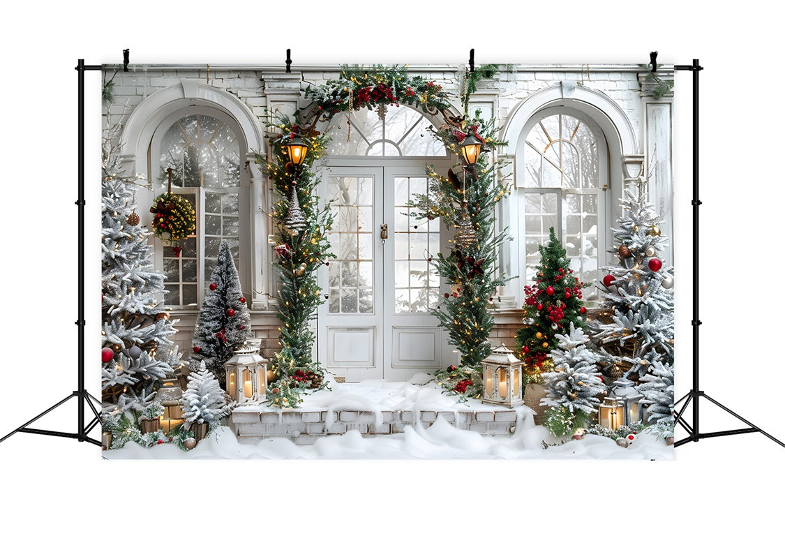Toile de fond de Noël Entrée Grandiose en Arche avec Couronnes RR7-699