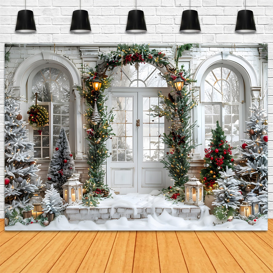 Toile de fond de Noël Entrée Grandiose en Arche avec Couronnes RR7-699