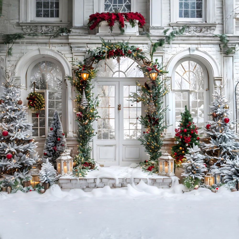 Toile de fond de Noël Entrée Grandiose en Arche avec Couronnes RR7-699