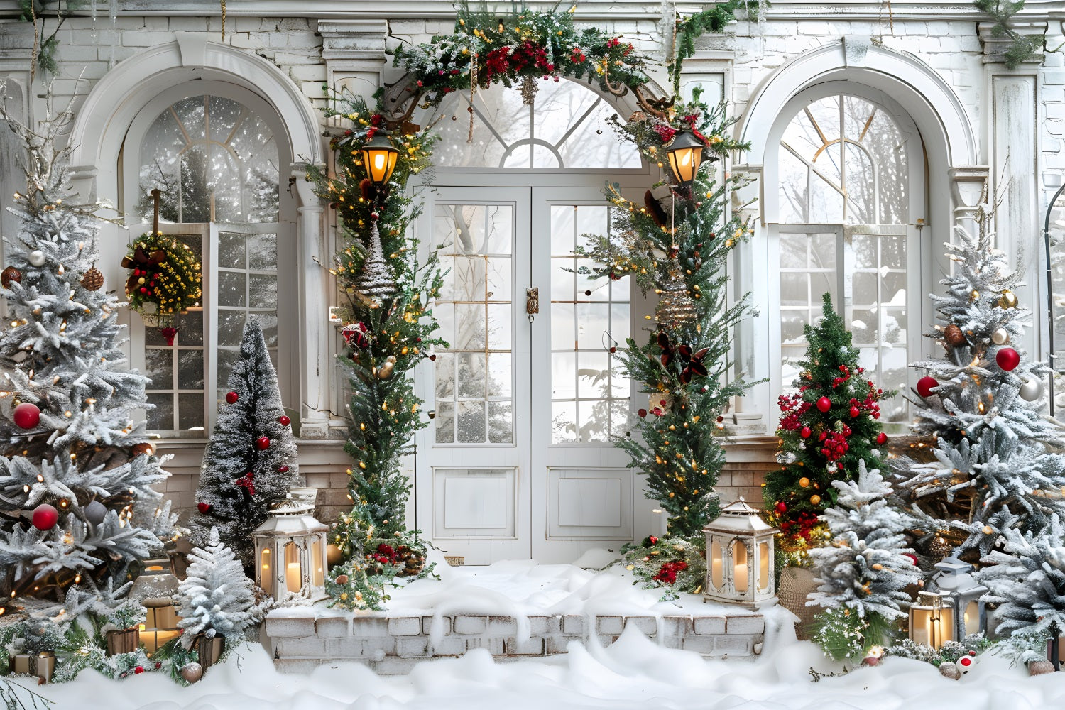 Toile de fond de Noël Entrée Grandiose en Arche avec Couronnes RR7-699