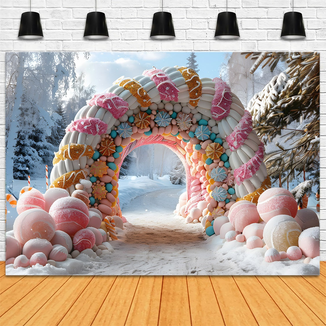 Toile de fond de Noël Entrée Rustique en Arche avec Couronnes RR7-700