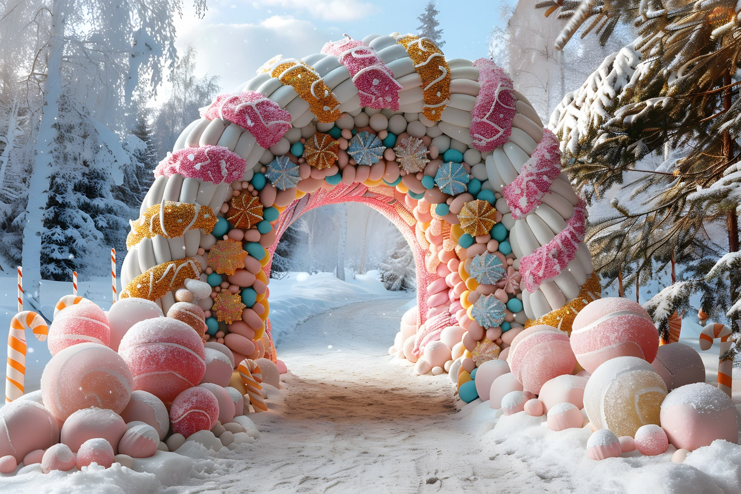 Toile de fond de Noël Entrée Rustique en Arche avec Couronnes RR7-700