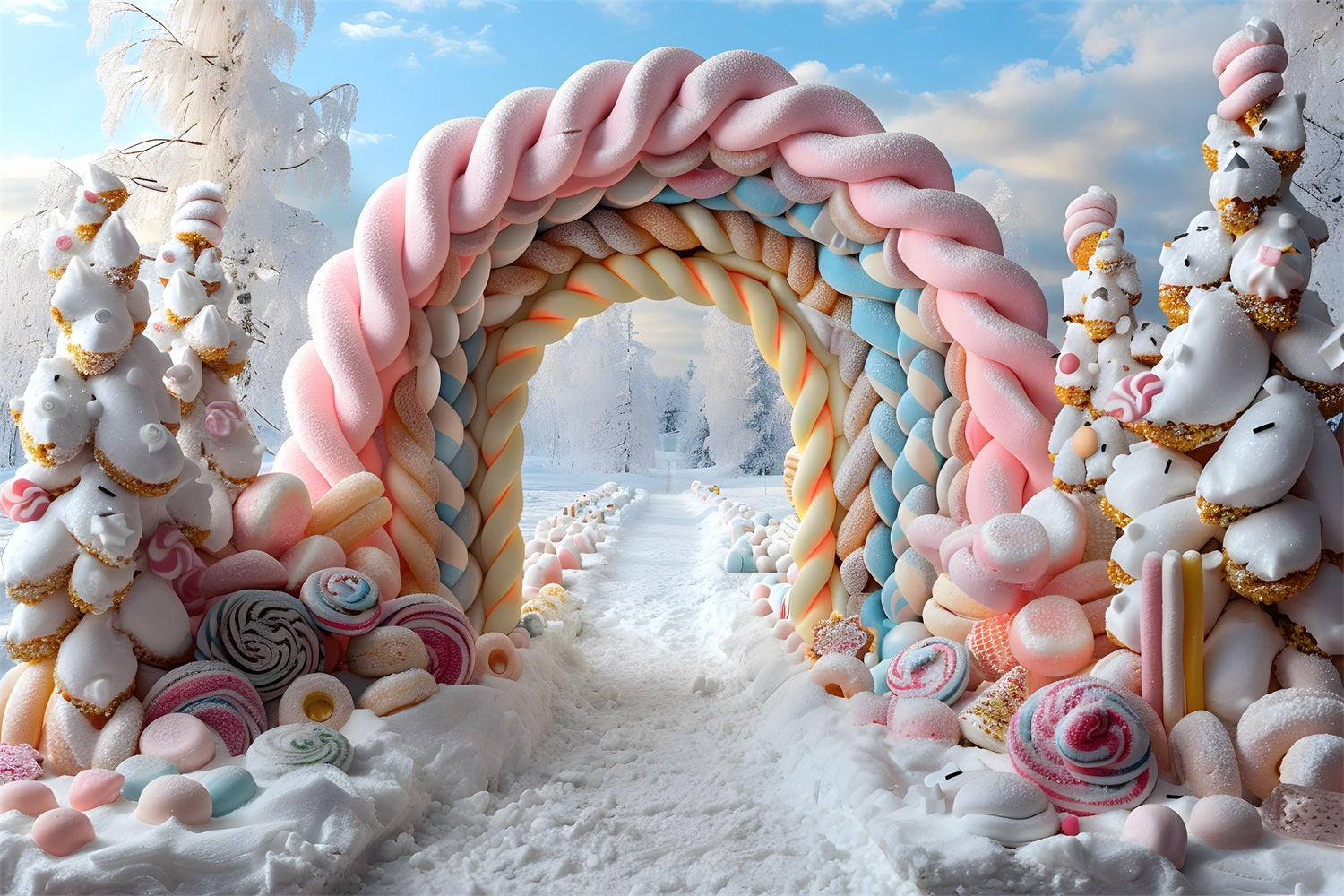 Toile de fond de Noël Entrée Élégante Enneigée avec Lanternes RR7-701