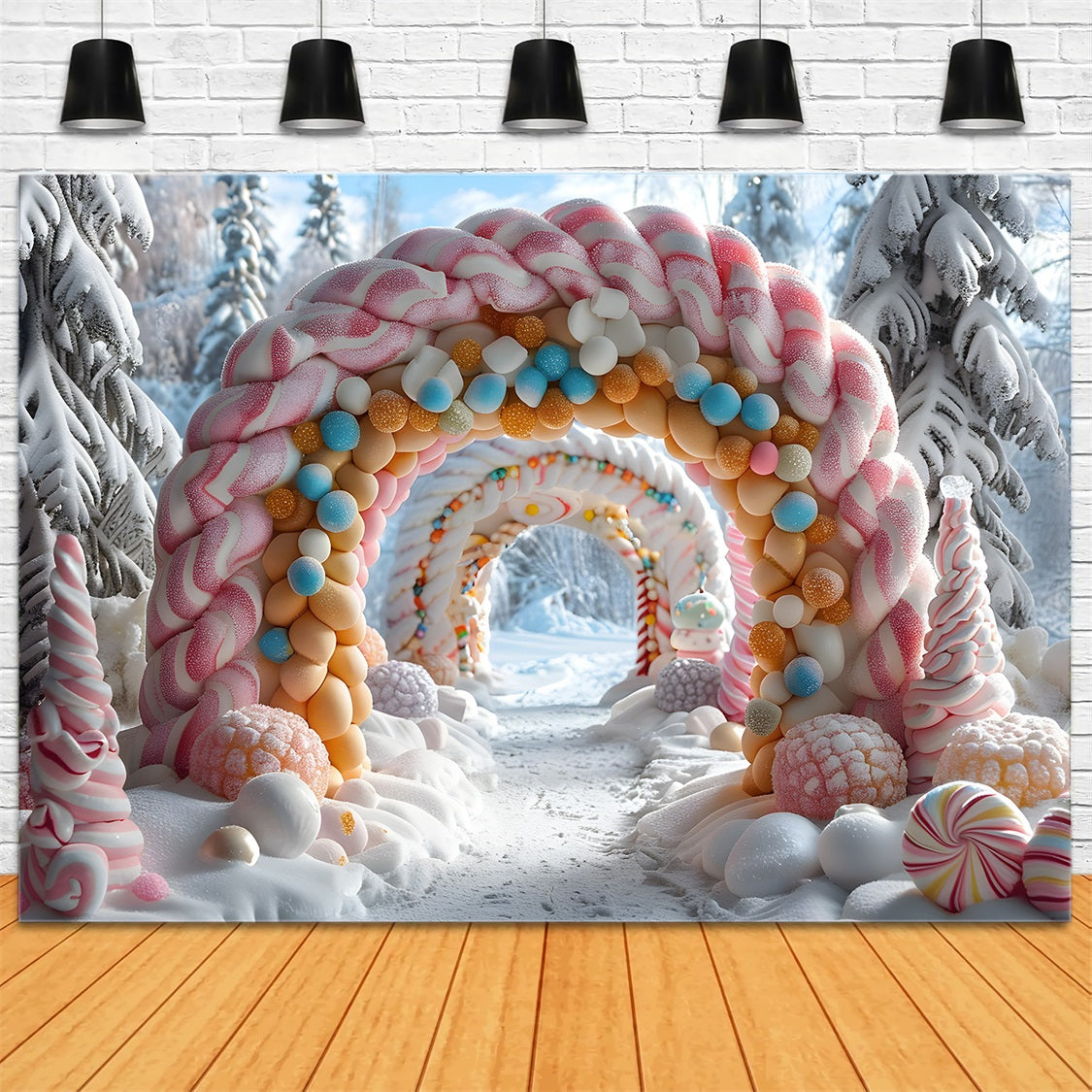 Toile de fond de Noël Porte Enneigée en Arche avec Décorations RR7-702