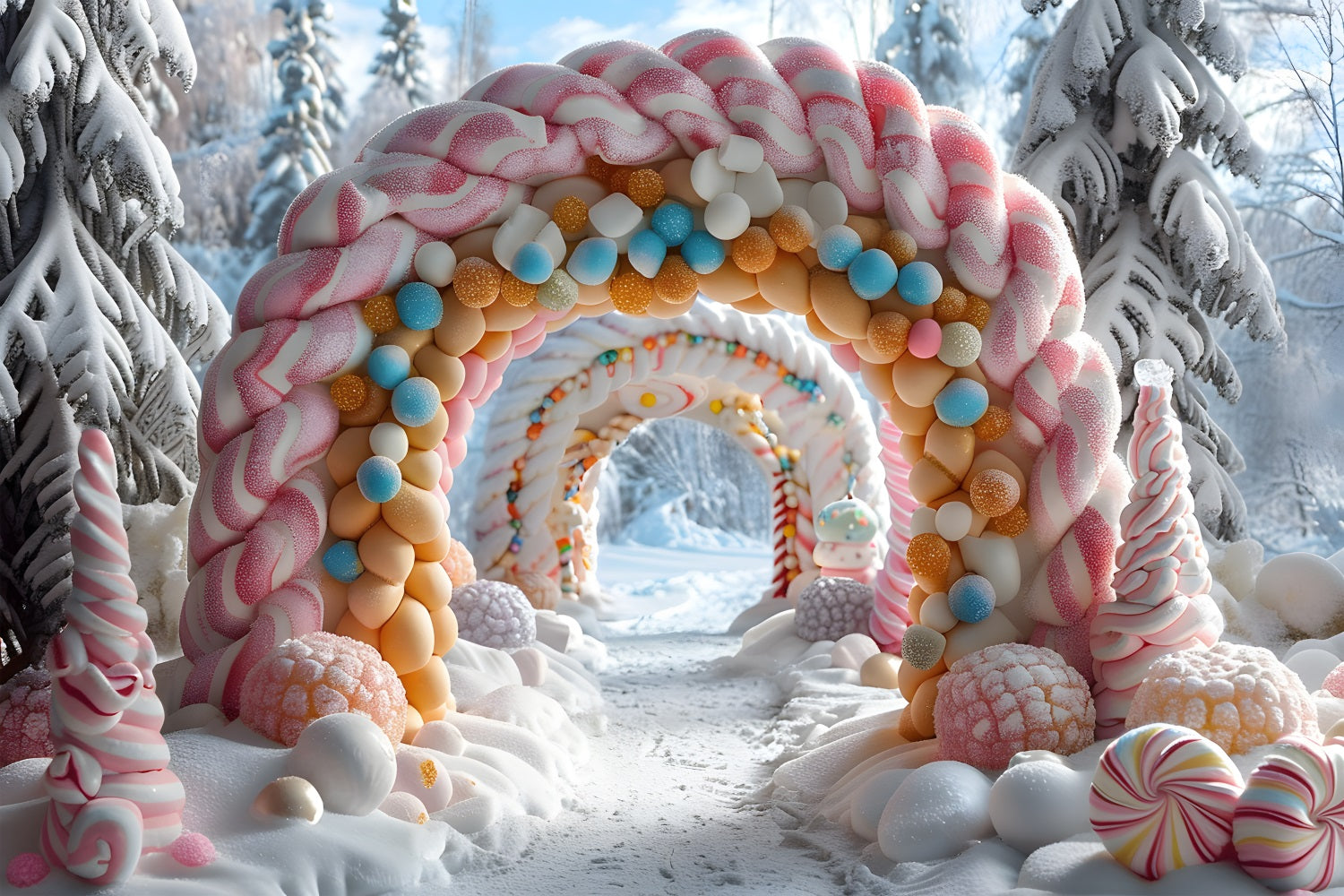 Toile de fond de Noël Porte Enneigée en Arche avec Décorations RR7-702