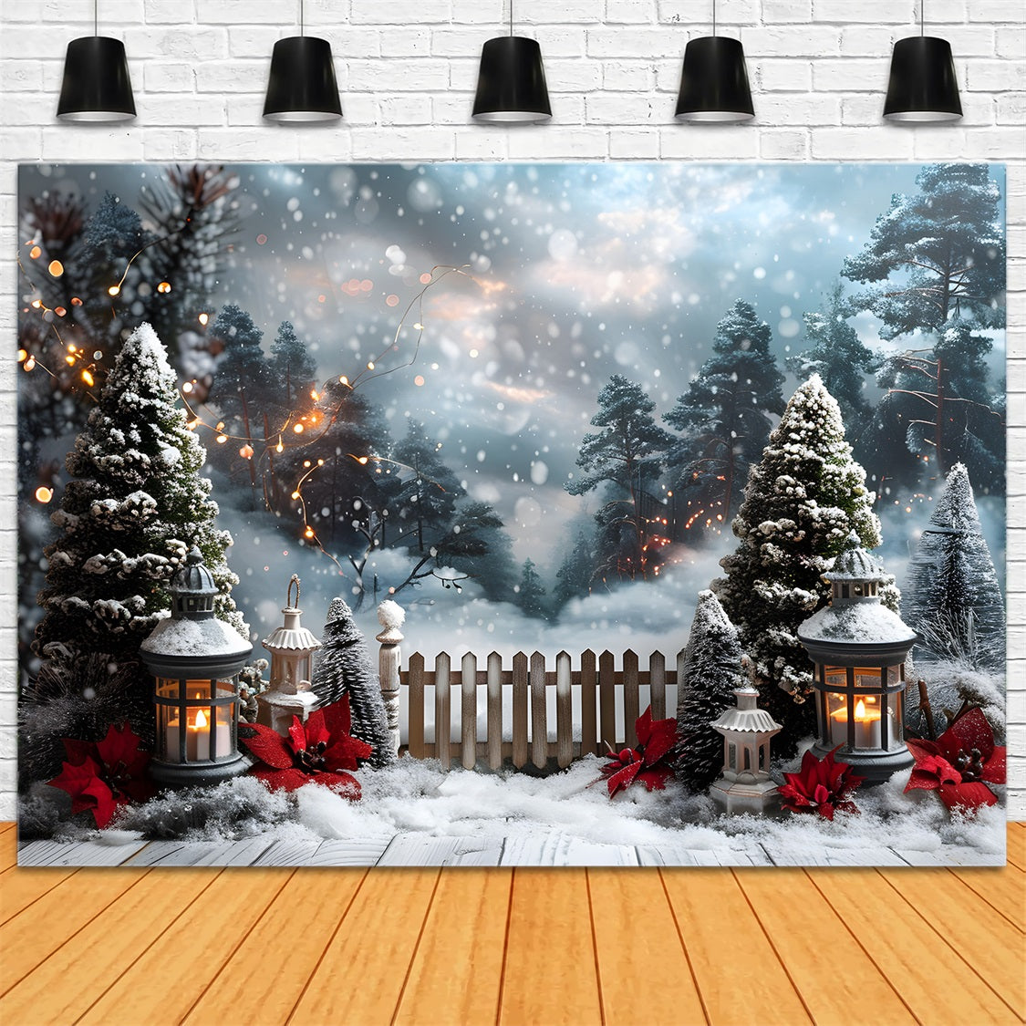 Toile de fond de Noël Chemin Enneigé Illuminé par des Lanternes RR7-707