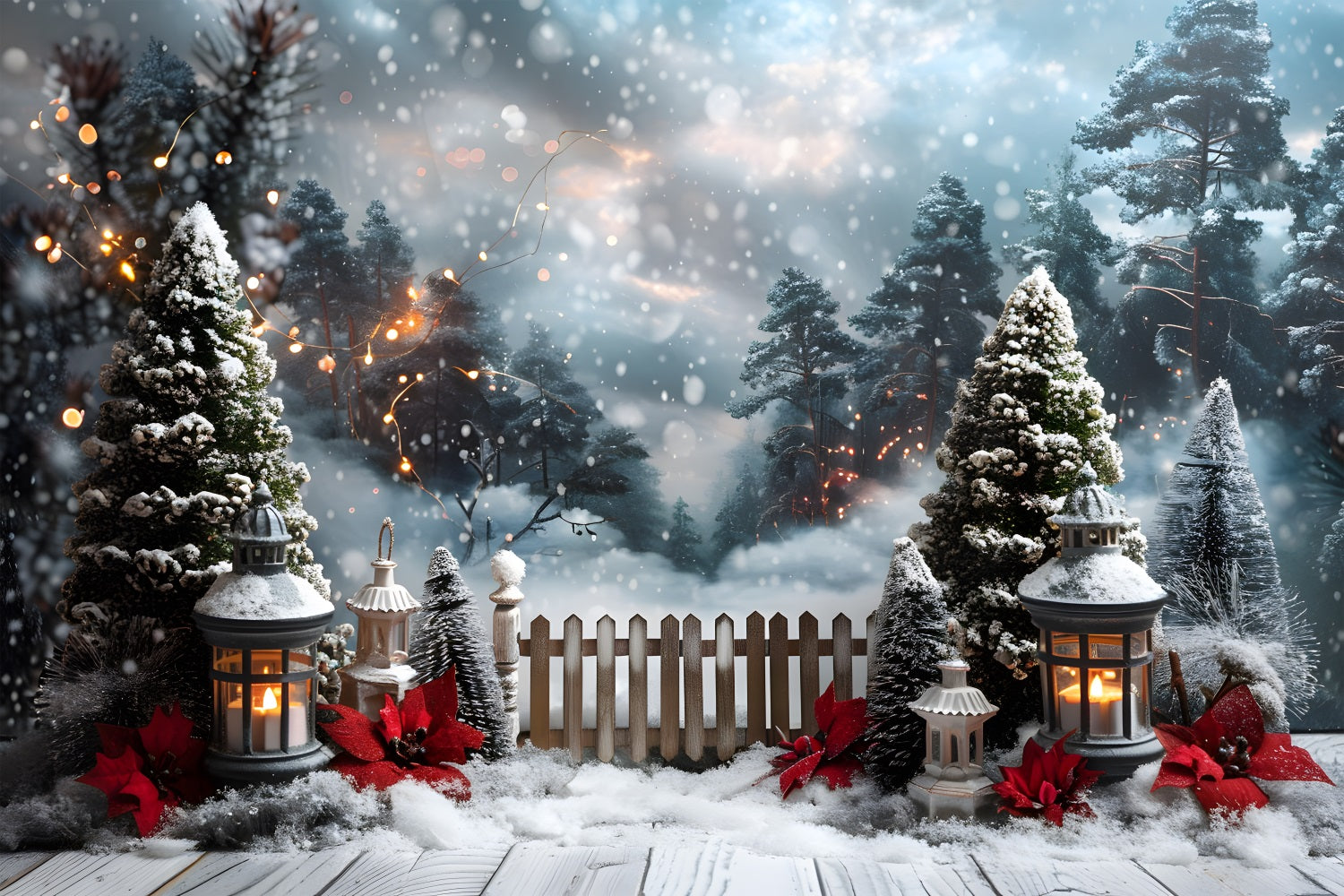 Toile de fond de Noël Chemin Enneigé Illuminé par des Lanternes RR7-707