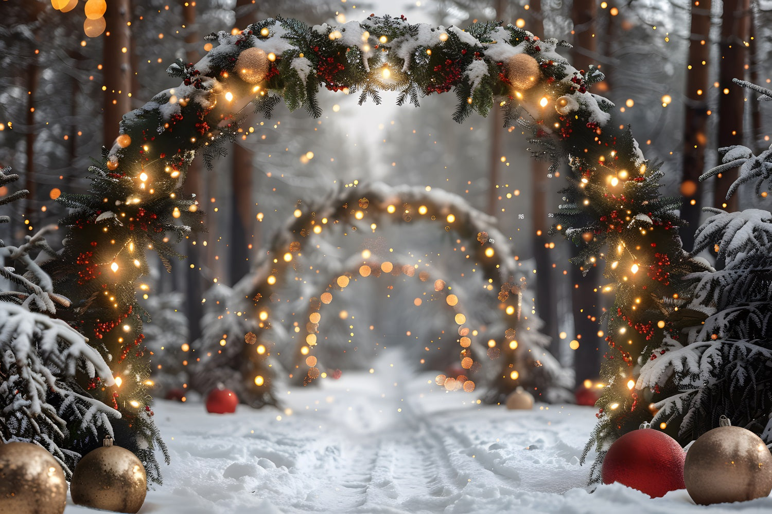 Toile de fond de Noël Arche Enneigée en Forêt RR7-708