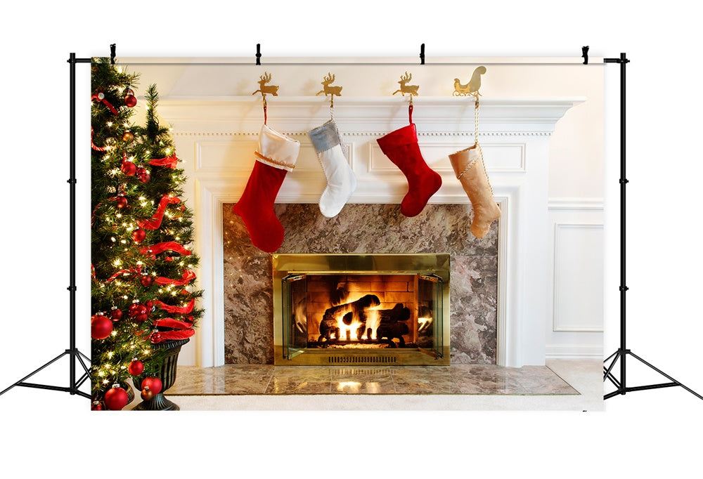 Toile de fond de Cheminée Arbre de Noël Chaussette Blanche RR7-711