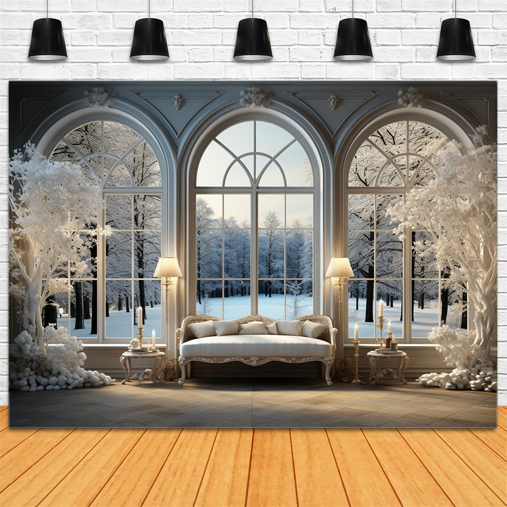 Toile de fond de Fenêtre avec Neige et Arbre de Noël Blanc RR7-717