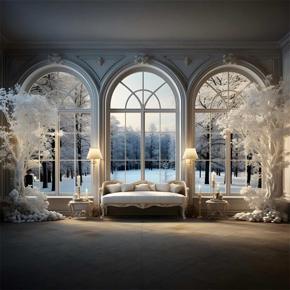 Toile de fond de Fenêtre avec Neige et Arbre de Noël Blanc RR7-717