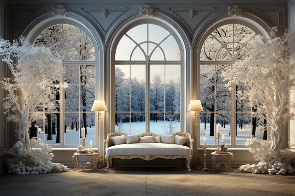 Toile de fond de Fenêtre avec Neige et Arbre de Noël Blanc RR7-717