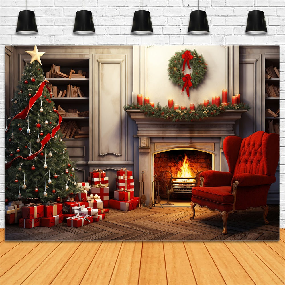 Toile de fond de Cheminée Arbre de Noël Boîtes de Cadeaux RR7-718