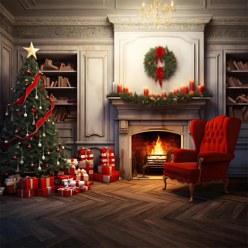Toile de fond de Cheminée Arbre de Noël Boîtes de Cadeaux RR7-718