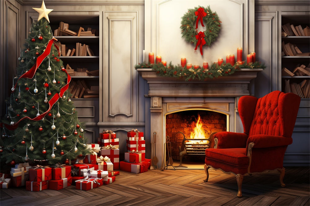 Toile de fond de Cheminée Arbre de Noël Boîtes de Cadeaux RR7-718